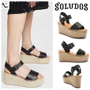 Soludos Minorca Black Leather Ankle Strap Espadrille High Platform Sandals 8.5